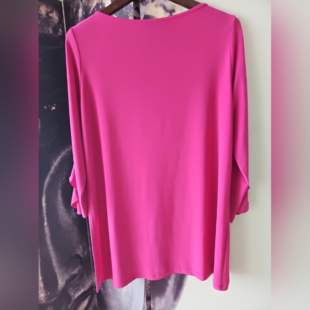 Clara Sun Woo Women's‎ Pink Scoop Neck Side Slit Ruffle Trim Sleeve Top Size L - Picture 5 of 9